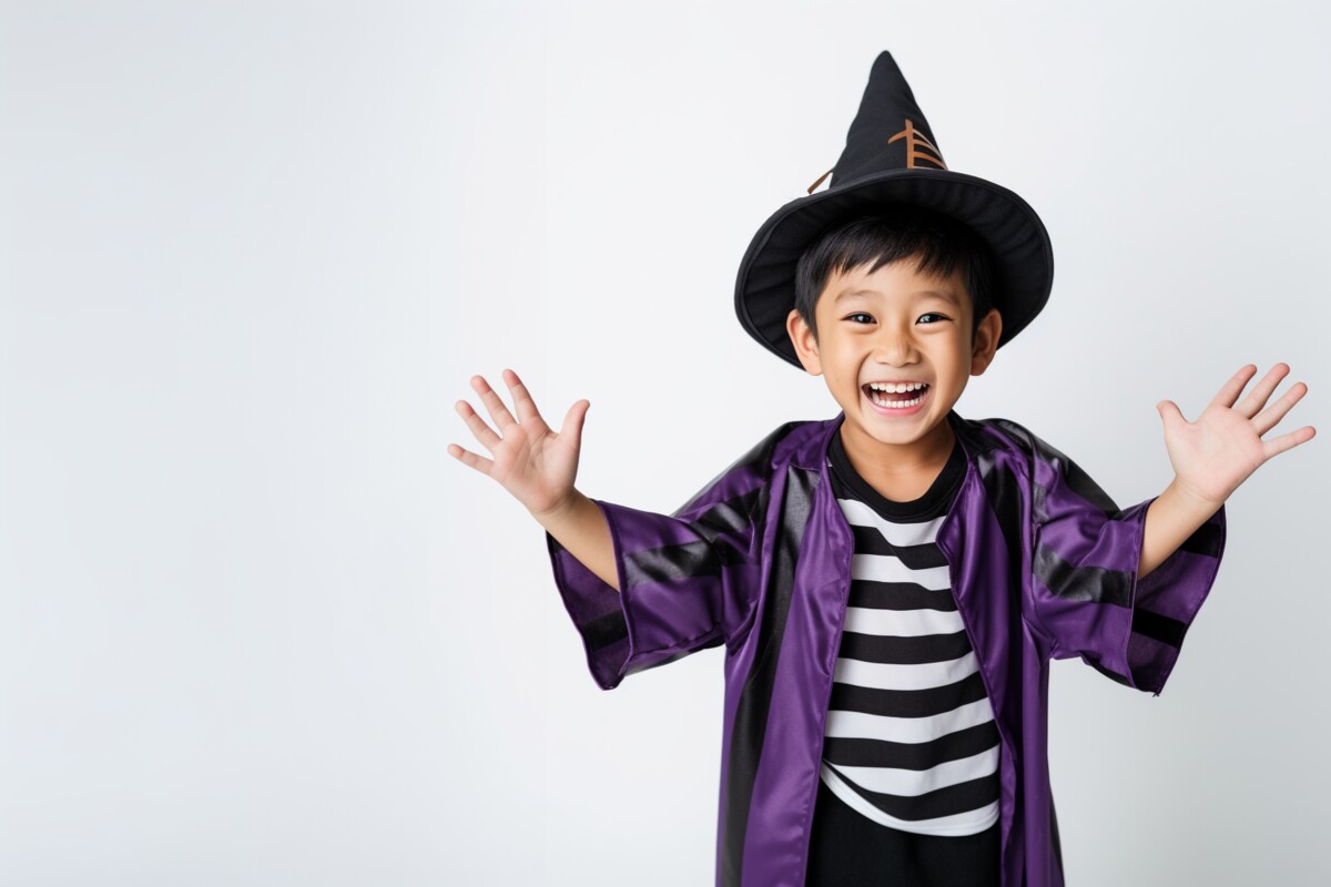 smiling asian boy with witch halloween costume
