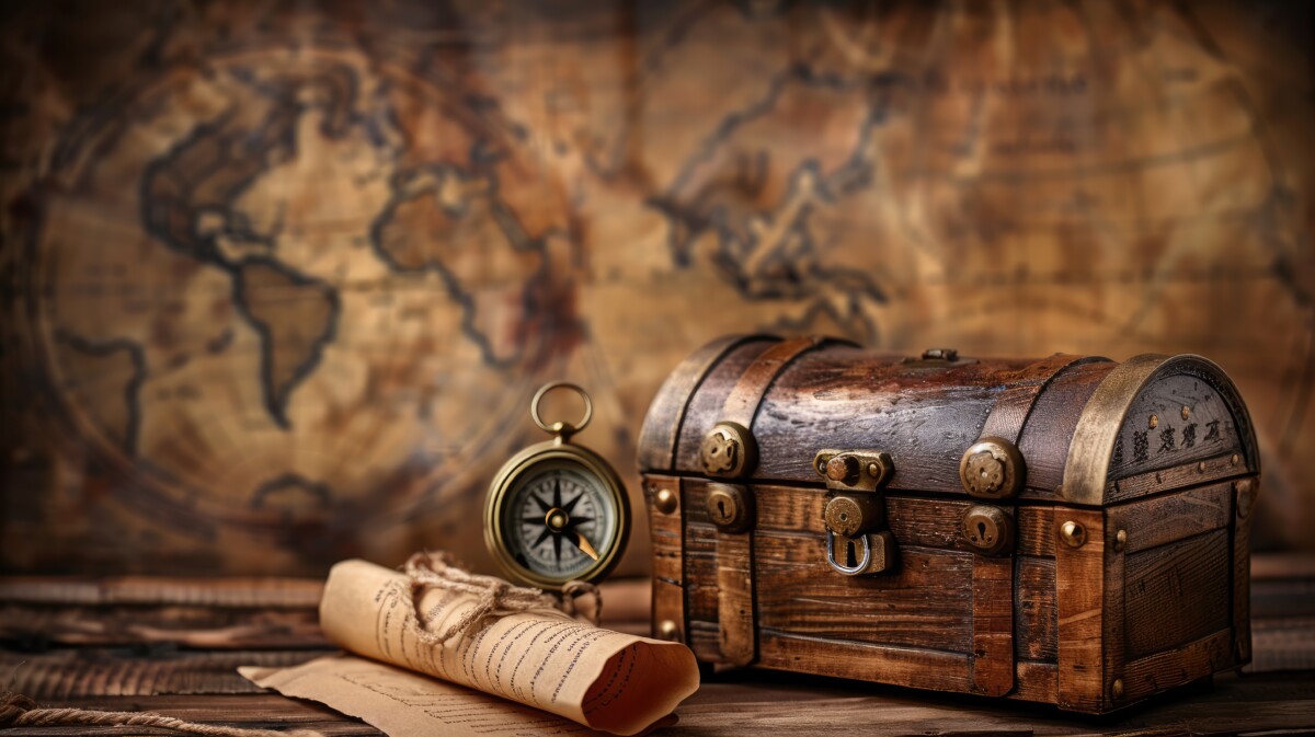 A treasure chest with a scroll and compass, set on a wooden table with space for text in the background.
