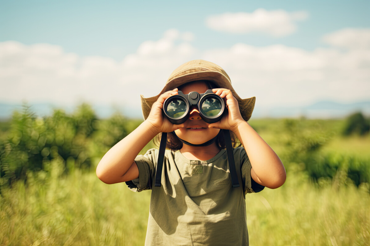 Little boy looking through binoculars in the park. Kid exploring nature